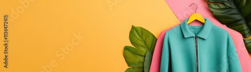 Vibrant fashion display with a teal jacket on a yellow and pink backdrop, surrounded by lush green leaves. photo