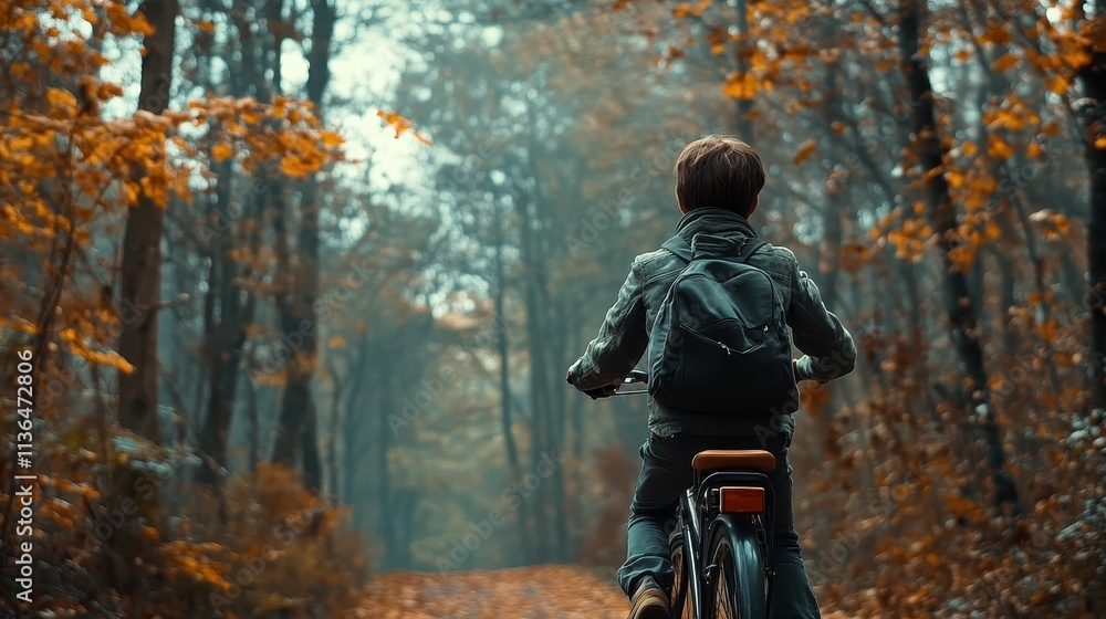 A boy rides a bicycle through a vibrant autumn forest, showcasing sustainable travel and the joy of exploring nature while enjoying the fresh air and colorful fall foliage in a peaceful environment. A boy rides a bicycle through a vibrant autumn forest, showcasing sustainable travel and the joy of exploring nature while enjoying the fresh air and colorful fall foliage in a peaceful environment.