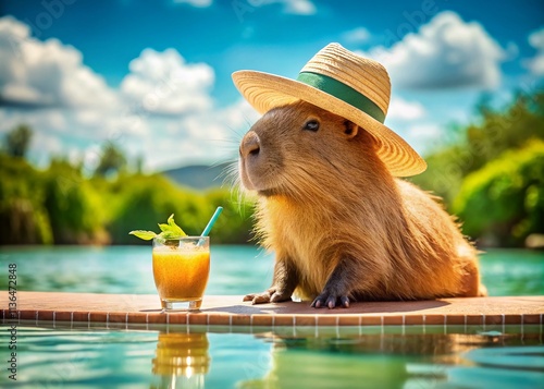 Cute Capybara Poolside: Tilt-Shift Brandy Ginger Lemonade Summer Fun photo