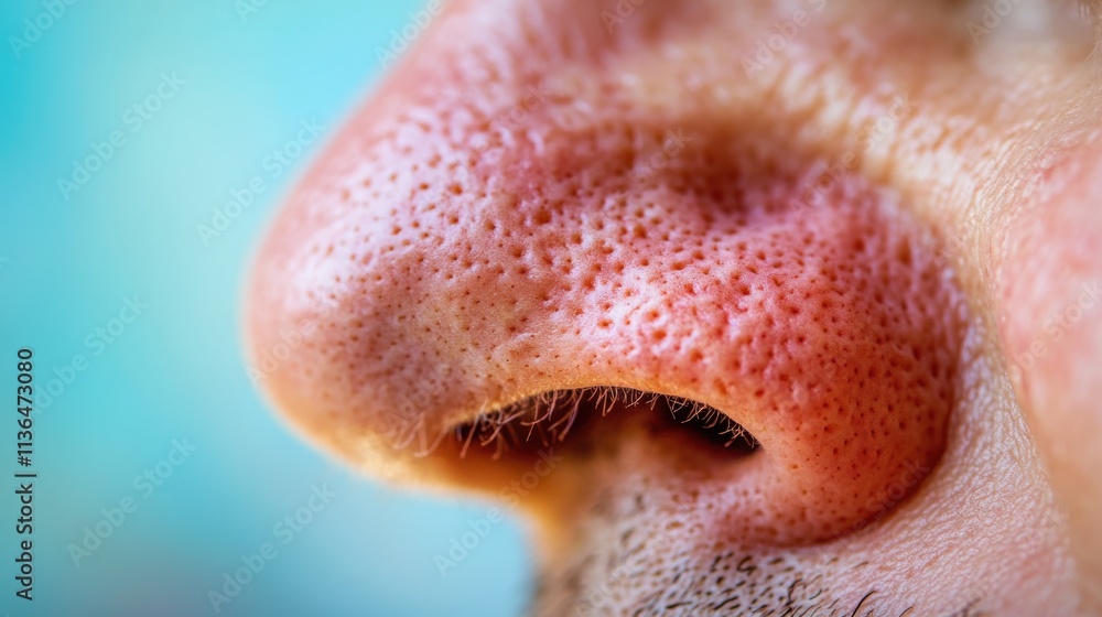 Naklejka premium Close up of red irritated nose, emphasizing the discomfort and struggle of allergies or cold symptoms, highlighting the human vulnerability and resilience in the face of common ailments.