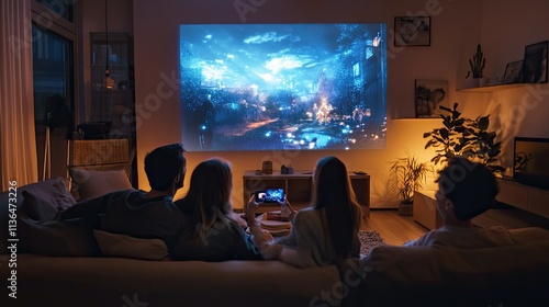 Friends enjoy fantasy movie projection at home.