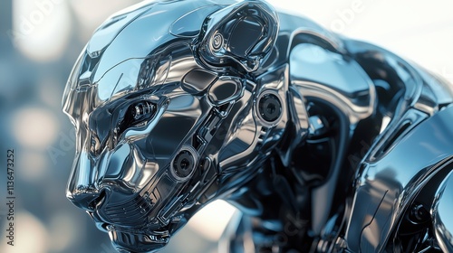 A futuristic robotic lion in chrome plating captures strength and cyber-industrial design in a detailed 3D render with cyberpunk aesthetics and high-tech precision perfect for sci-fi concepts.