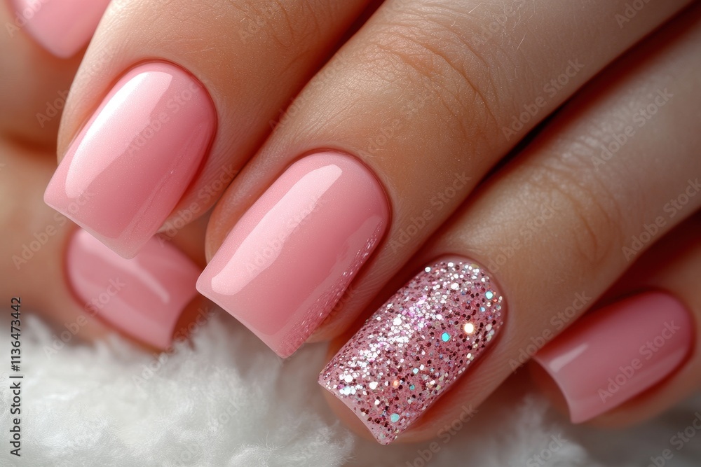 Obraz premium Exclusive woman hand beauty treatment revealing glamorous pink nail design with exceptional salon precision capturing refined aesthetic cosmetic wellness trend.