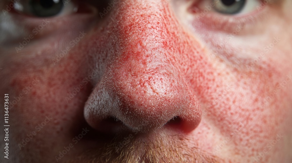 Close up of red irritated nose, emphasizing the discomfort and struggle of allergies or cold symptoms, highlighting the human vulnerability and resilience in the face of common ailments. Close up of red irritated nose, emphasizing the discomfort and struggle of allergies or cold symptoms, highlighting the human vulnerability and resilience in the face of common ailments.