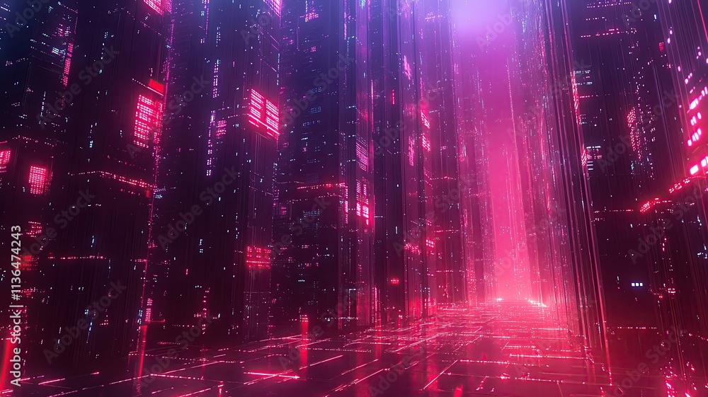 Obraz premium Futuristic digital city with neon lights.