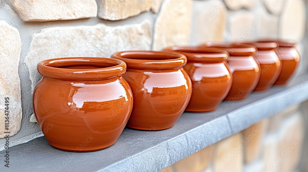 Traditional terracotta pots displayed at a vibrant village market in summertime Traditional terracotta pots displayed at a vibrant village market in summertime