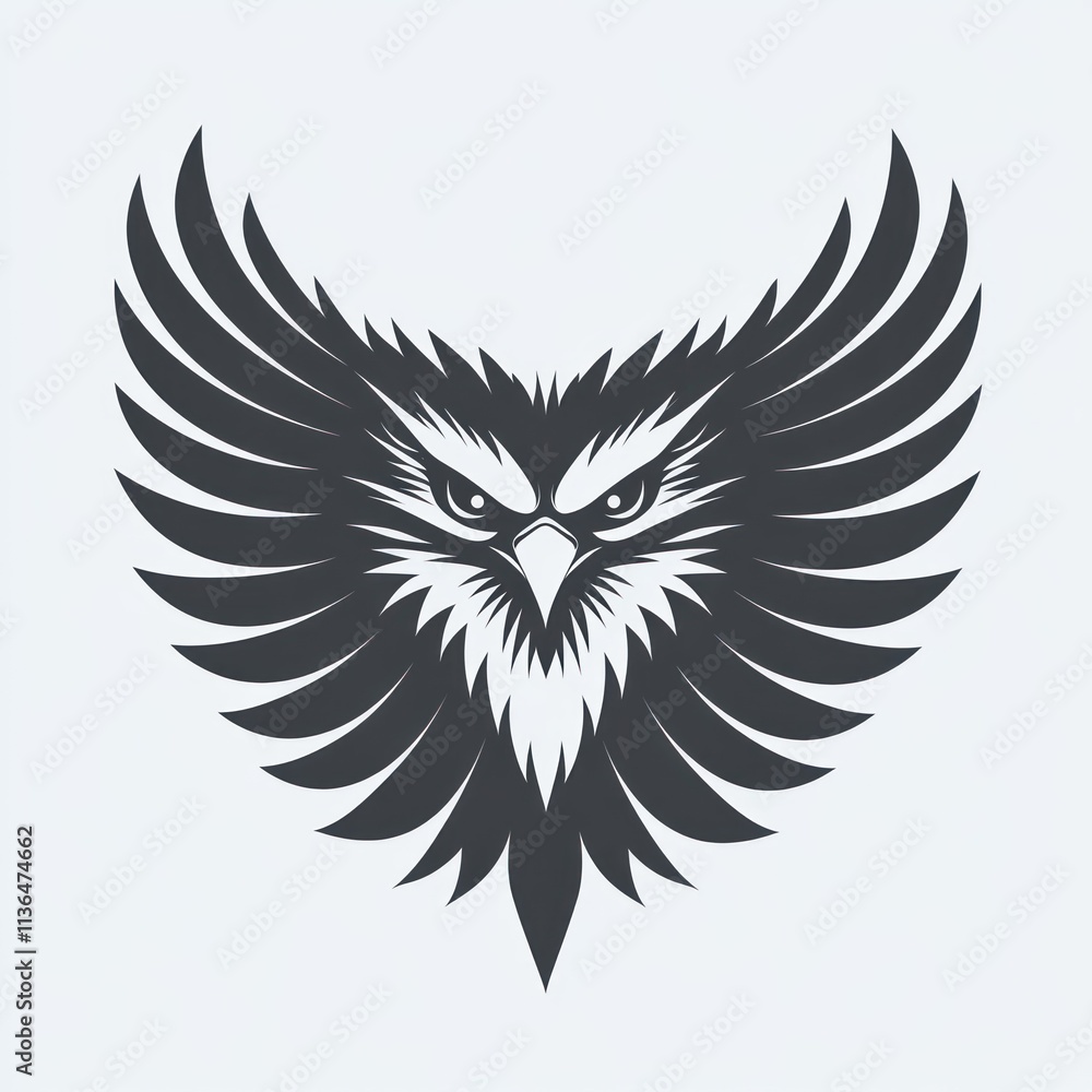 Fototapeta premium Fierce eagle head with outstretched wings, monochrome vector illustration.