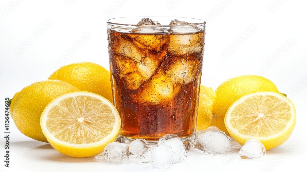 Refreshing drink with lemons and ice on a bright background Refreshing drink with lemons and ice on a bright background
