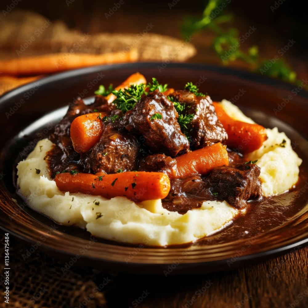A tempting plate of beef bourguignon served with mashed potatoes and roasted carrots, Bourguignon plate centered, Warm diffused lighting accentuating the richness of the stew A tempting plate of beef bourguignon served with mashed potatoes and roasted carrots, Bourguignon plate centered, Warm diffused lighting accentuating the richness of the stew