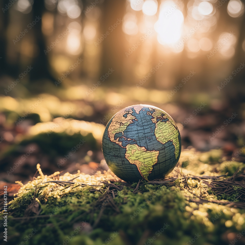 Earth Day - Environment - Green Globe In Forest With Moss And Defocused Abstract Sunlight - Earth Day - Environment - Green Globe In Forest With Moss And Defocused Abstract Sunlight -