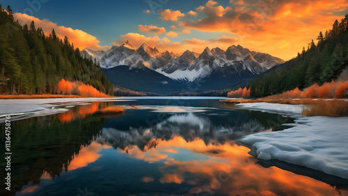 Serene Mountain Lake at Sunset, Frozen Shores Reflected