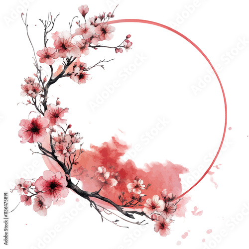 Pink Floral Cherry Blossom Frame with white circle shape vector illustration on transparent background