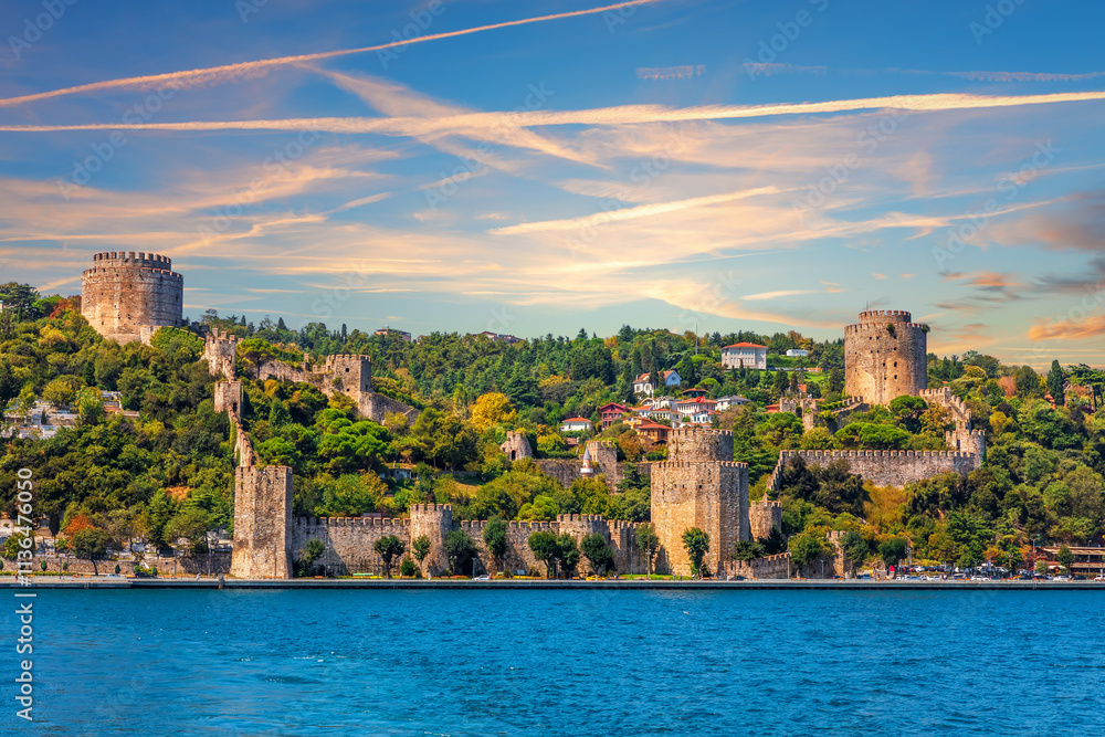 Roumeli Hissar Castle from Bosphorus Straight, sunset view, Istanbul, Turkey