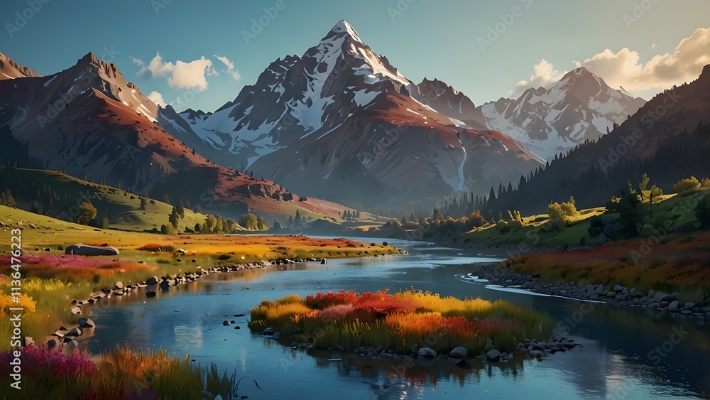 Fototapeta premium Astylized mountain landscape with vibrant colors and a serene river