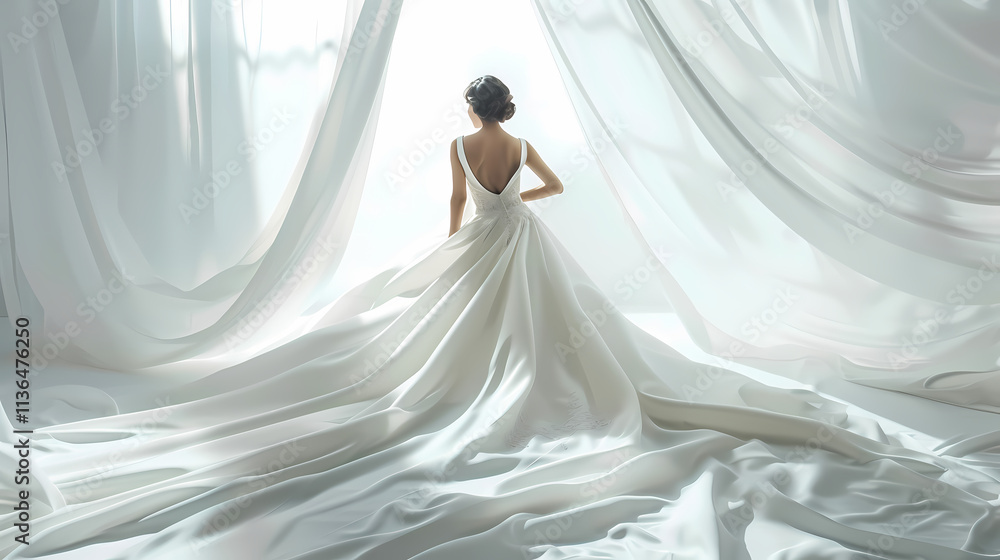 Bridal Elegance: A Dreamy Back View of a Bride in a Flowing Wedding Gown Bridal Elegance: A Dreamy Back View of a Bride in a Flowing Wedding Gown