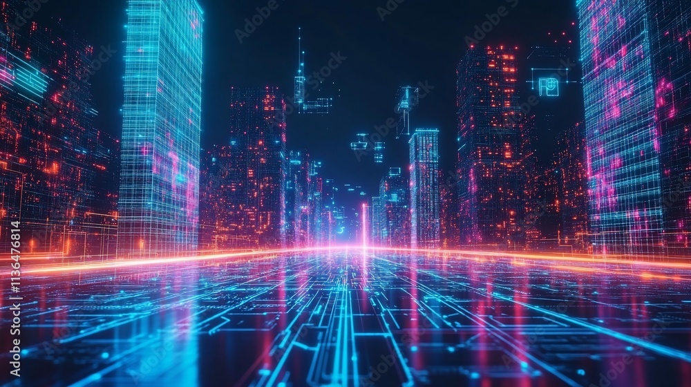 Futuristic cityscape with neon lights and digital elements. Futuristic cityscape with neon lights and digital elements.