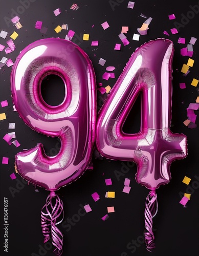 Pink birthday / anniversary balloon, number 94, black background with confetti