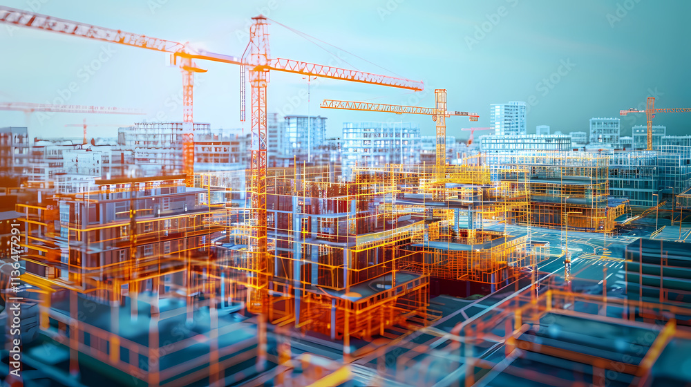 Construction Skyline: A digital rendering of a futuristic city skyline, showcasing a network of cranes and towering buildings in progress, symbolizing growth, innovation. Construction Skyline: A digital rendering of a futuristic city skyline, showcasing a network of cranes and towering buildings in progress, symbolizing growth, innovation.