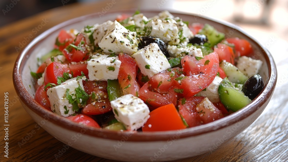 Fresh vegetable salad with feta cheese and herbs in a bowl Fresh vegetable salad with feta cheese and herbs in a bowl