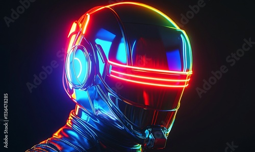 Futuristic helmet with neon lights against a dark background. photo