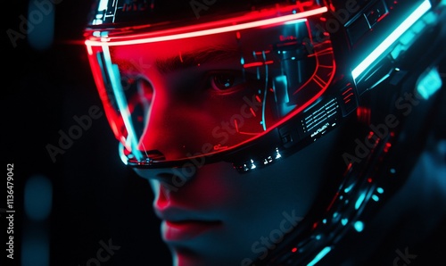 Futuristic helmeted figure with neon lighting and cybernetic design. photo