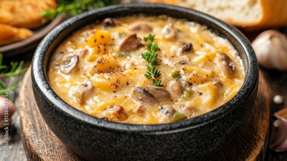 Hearty mushroom and potato soup served in a rustic bowl Hearty mushroom and potato soup served in a rustic bowl