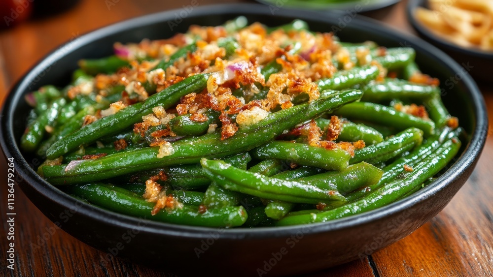 Fresh green beans topped with crispy onion and garlic mixture Fresh green beans topped with crispy onion and garlic mixture