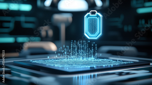 Abstract graphic Digital Fortress A sleek passkey glowing with blue light, hovering above a digital fortress with encrypted codes flowing around it.