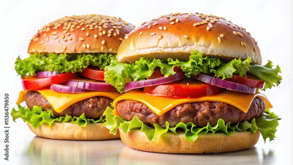 Delicious Double Burger, Close Up, White Background, Fast Food Photography, Juicy Patty, Sesame Bun, Food Photo, Burger Image, Restaurant Menu, Stock Photo Delicious Double Burger, Close Up, White Background, Fast Food Photography, Juicy Patty, Sesame Bun, Food Photo, Burger Image, Restaurant Menu, Stock Photo
