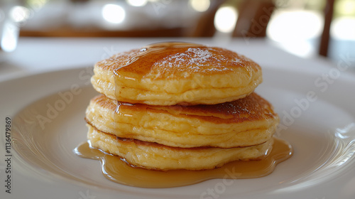 Close-Up of Syrup Dripping Down Fluffy Pancakes