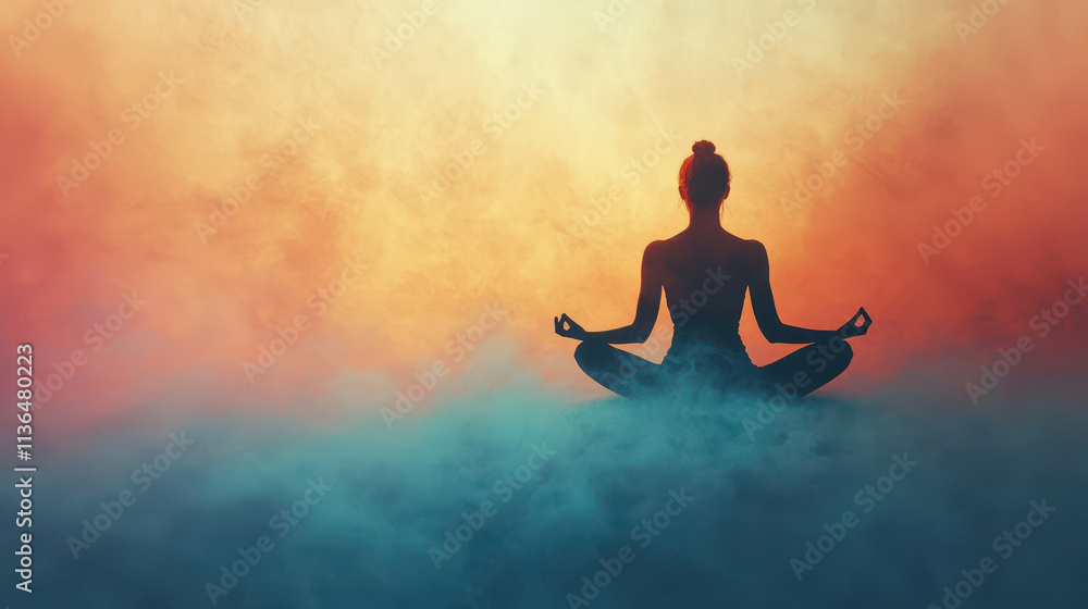 Meditation practice in serene atmosphere with vibrant colors and fog Meditation practice in serene atmosphere with vibrant colors and fog