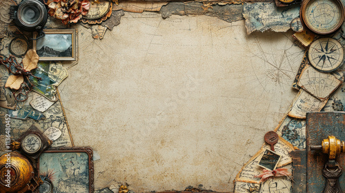 vintage scrapbook page featuring decorative maps, photos, and artifacts, evoking sense of adventure and nostalgia
