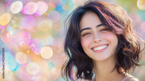 Smiling woman with wavy hair, expressing genuine happiness in colorful background. Her joyful demeanor radiates positivity and warmth