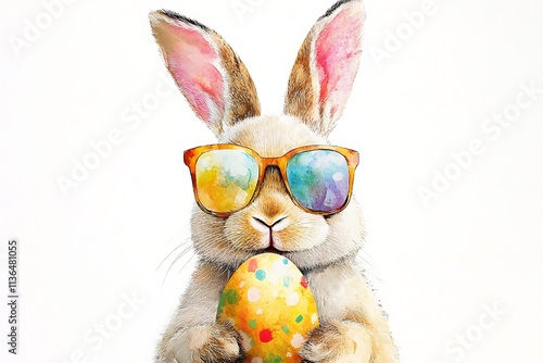 Easter bunny wearing sunglasses holding colorful easter egg