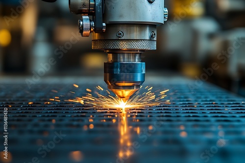 Laser cutting machine making holes on metal sheet in factory