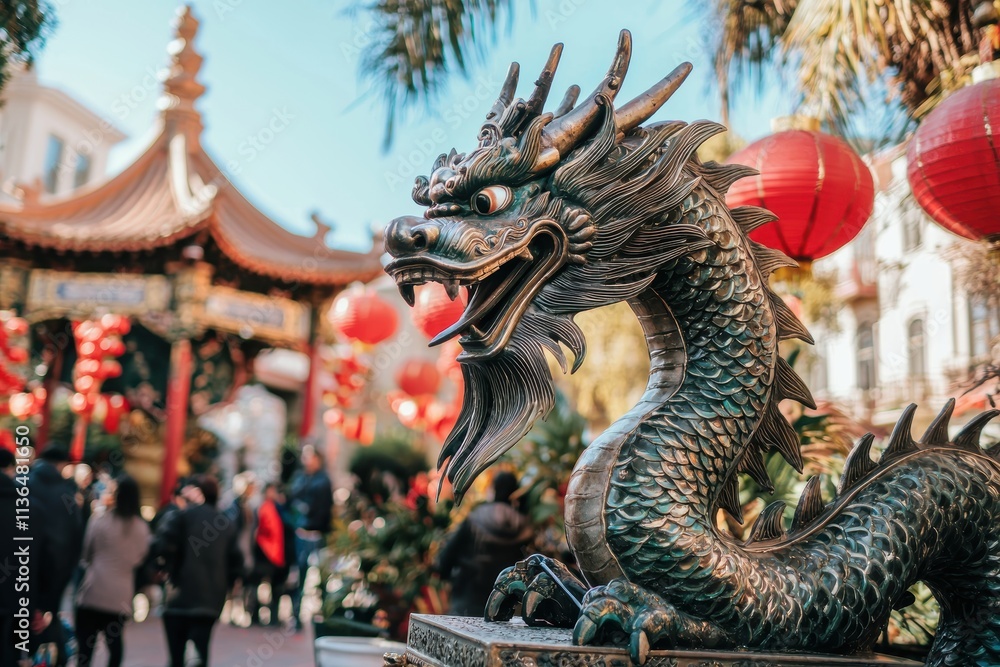Fototapeta premium Lunar New Year Celebration: Dragon Statue and Lanterns at Traditional Temple for Festive Gatherings
