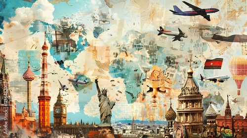 Global Travel Collage: A vintage-inspired collage of iconic landmarks from around the world, featuring planes soaring across a faded world map, capturing the essence of adventure, exploration. photo