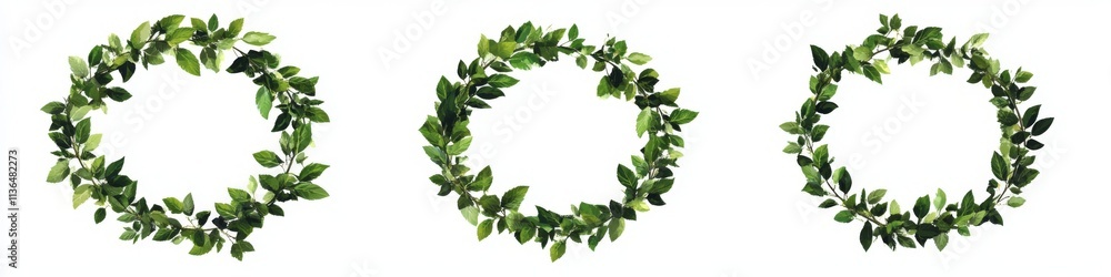 Fototapeta premium A set of green leaf wreaths in clip art style on white background.