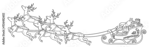 Christmas Santa Claus sleigh and Rudolph linework, transparent background lines for postcards and wallpapers