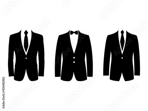 Set of Business Suits with Tie Silhouette in various poses isolated on white background