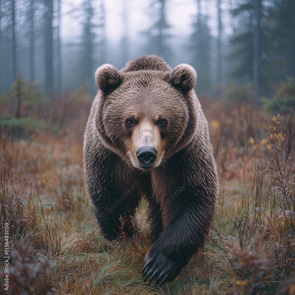 Fototapeta premium Powerful grizzly bear strolling through a misty and enchanting forest.