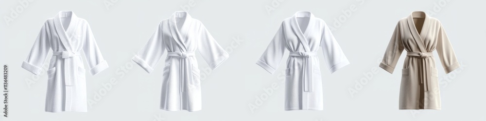 4 Sets of white and beige bathrobes with belts in different styles. 3D rendering. 4 Sets of white and beige bathrobes with belts in different styles. 3D rendering.