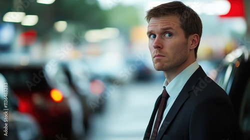 Wallpaper Mural Businessman in Formal Attire Looking Concerned in a Busy Urban Street at Dusk Torontodigital.ca