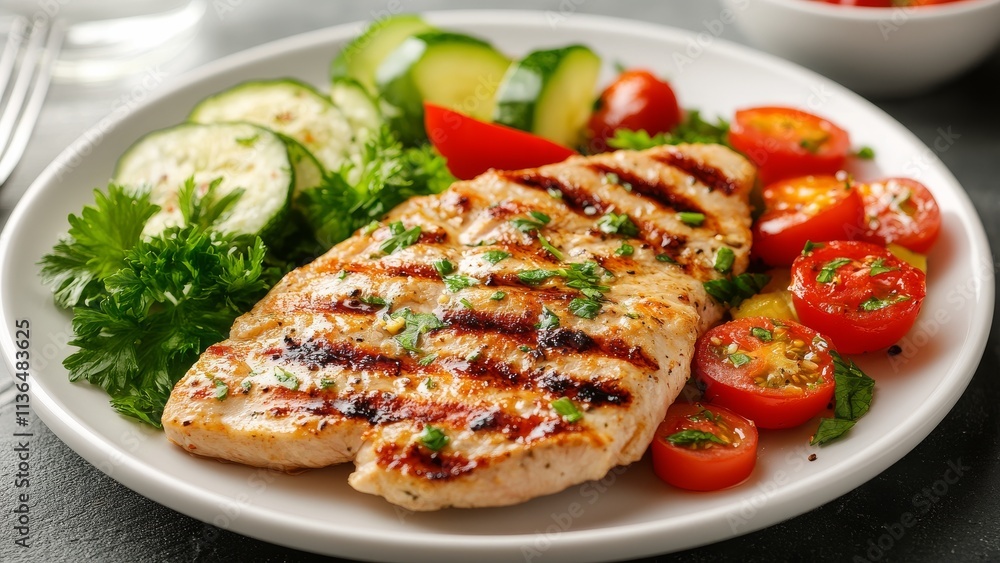 Grilled chicken breast with fresh salad on a white plate Grilled chicken breast with fresh salad on a white plate