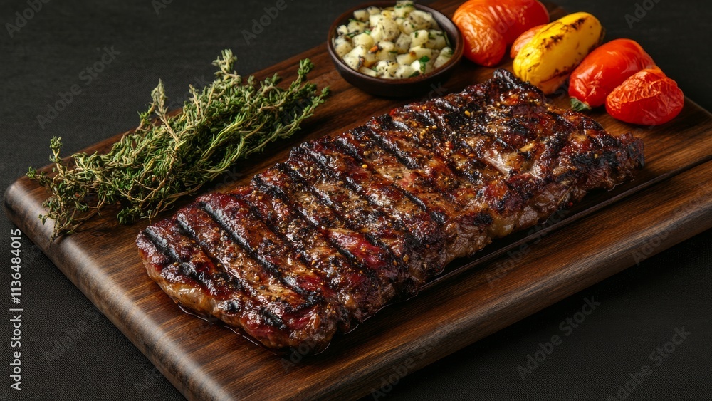 Juicy grilled steak served with fresh vegetables on wooden board Juicy grilled steak served with fresh vegetables on wooden board