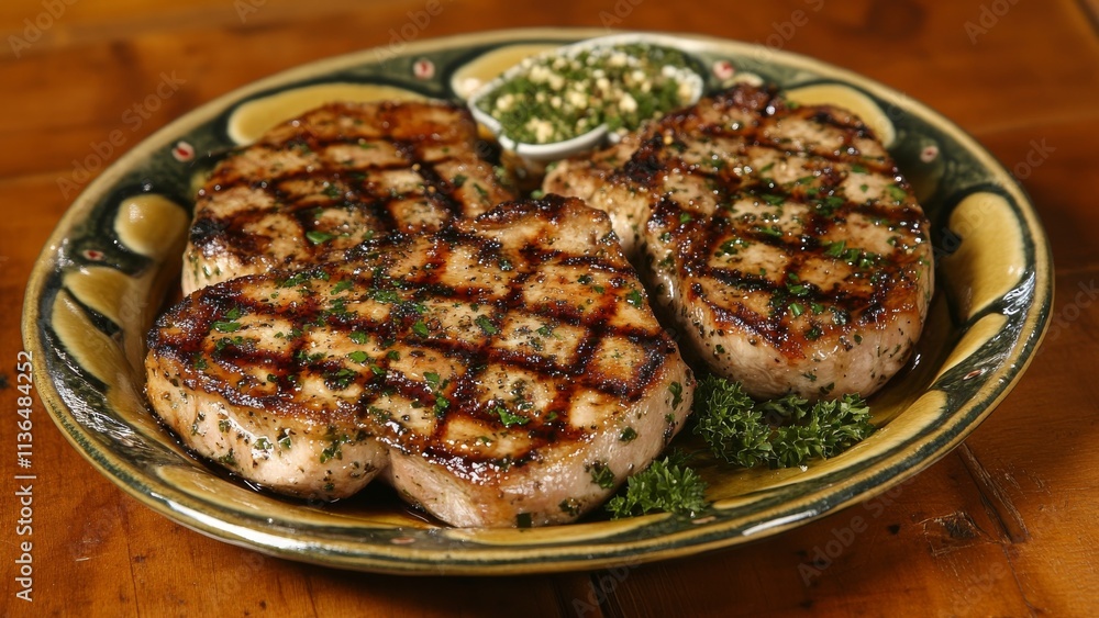 Grilled pork chops served on a traditional plate with herbs Grilled pork chops served on a traditional plate with herbs