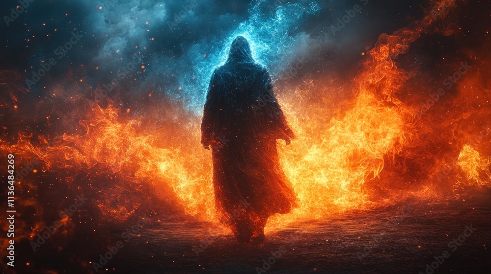 Figure in cloak stands between fire and ice Figure in cloak stands between fire and ice
