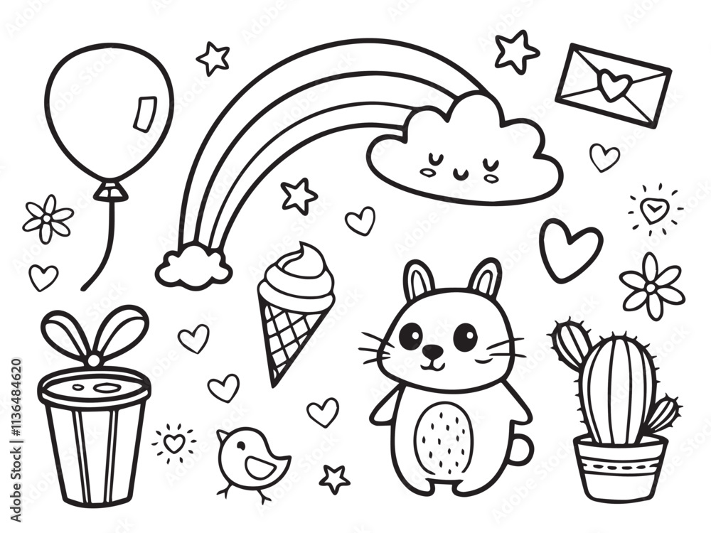 Cute element doodle cartoon hand drawn black line icon set , coloring book for kids Cute element doodle cartoon hand drawn black line icon set , coloring book for kids