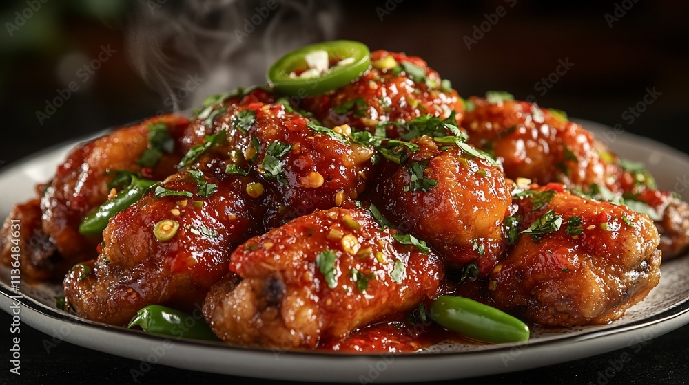 Steaming hot spicy chicken wings in a sweet chili sauce, garnished with jalape?os and cilantro. Steaming hot spicy chicken wings in a sweet chili sauce, garnished with jalape?os and cilantro.
