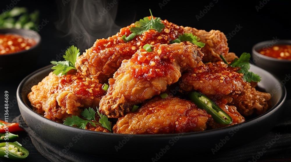Spicy fried chicken wings with chili sauce and cilantro garnish. Spicy fried chicken wings with chili sauce and cilantro garnish.